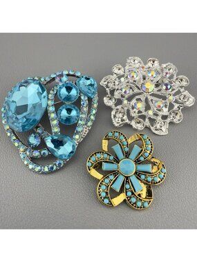 Rhinestone Brooch Lot of 3 Blue Floral AB Silver and Gold Tone Statement Modern